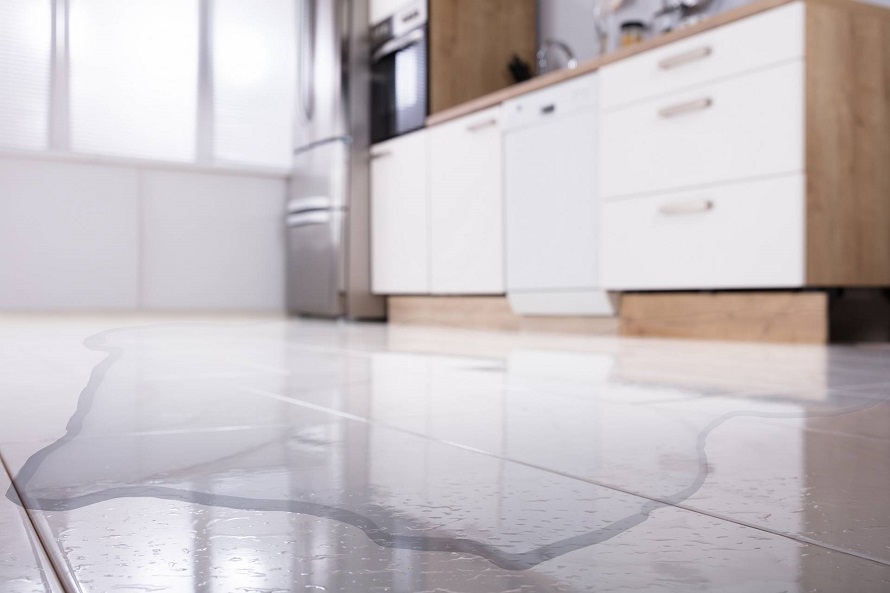 Close-up of spilled water on kitchen floor tile