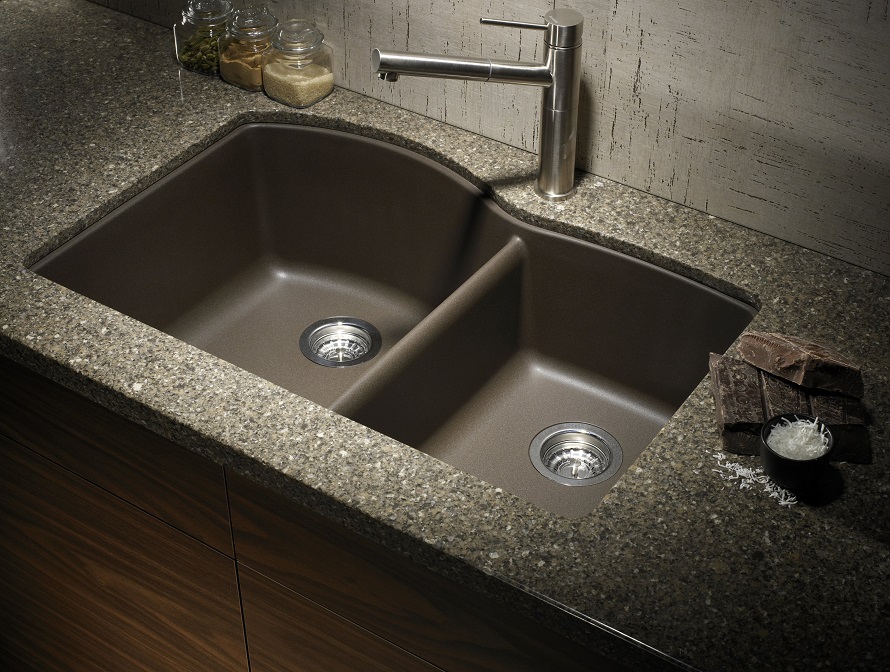 picture of modern brown kitchen granite sink
