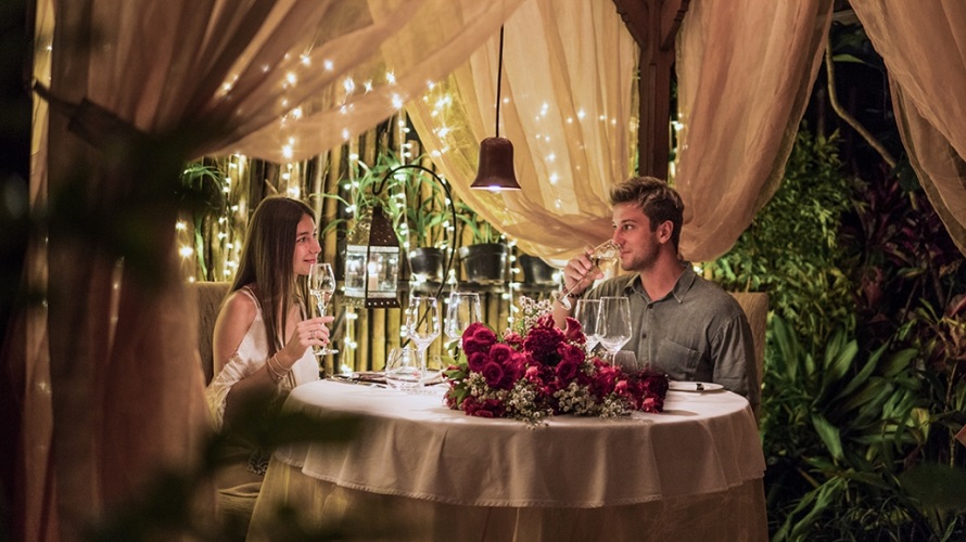 romantic couple dinner at gazebo