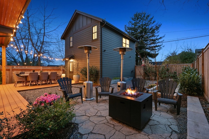 patio at night with heaters