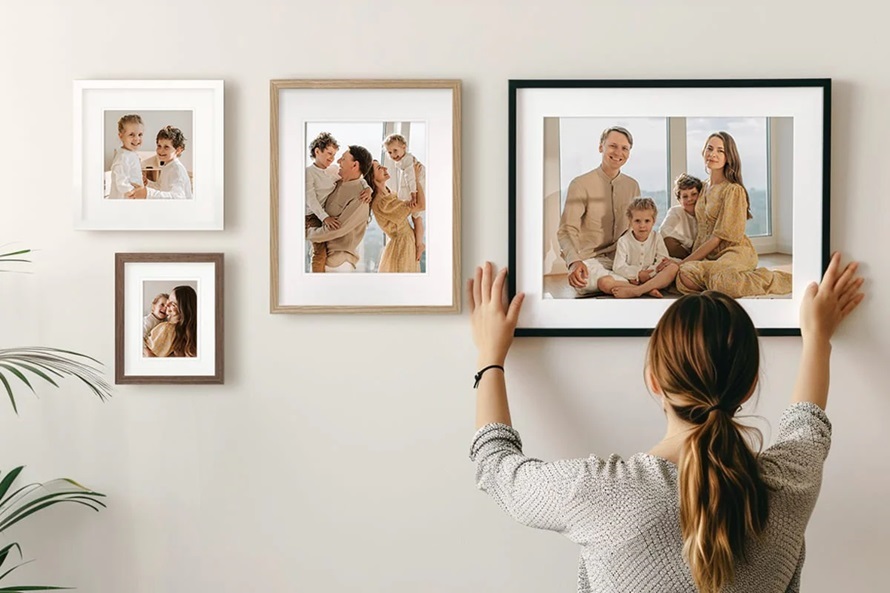 woman hanging a picture on a wall 