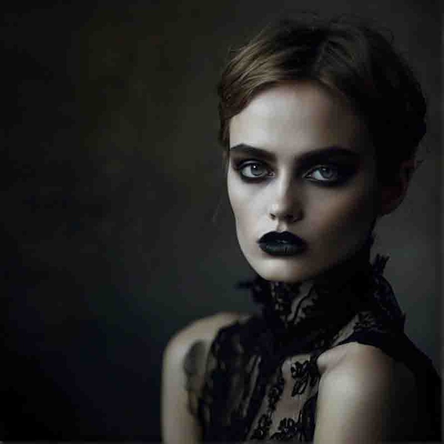 Gothic woman woman wearing black makeup and a lace dress