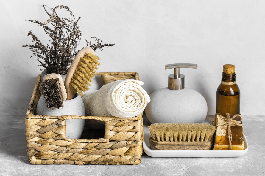 essential bathroom accessories in a basket