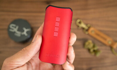 Close-up of a red Davinci vaporizer held in a hand, with accessories and herbs in the background