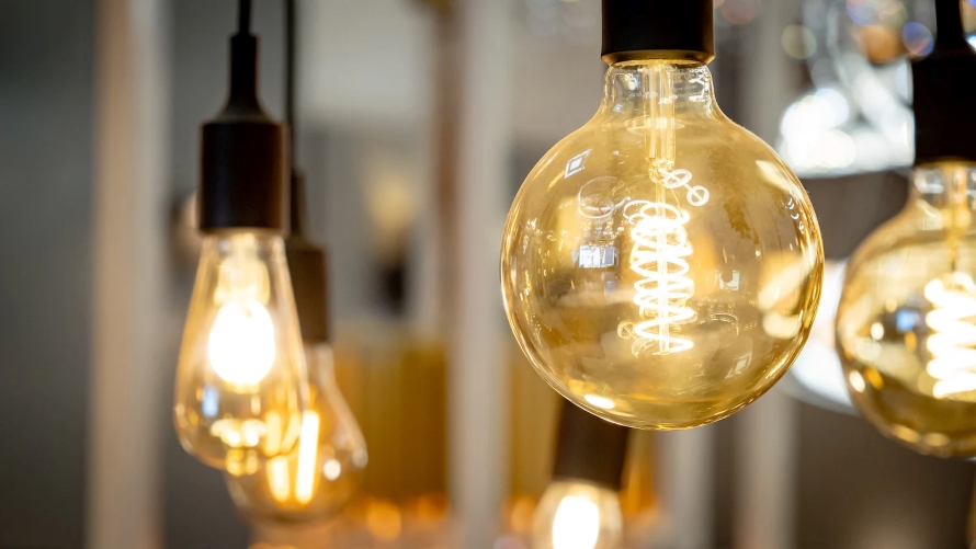 Close-up view of warm-toned LED light globes hanging from black fixtures