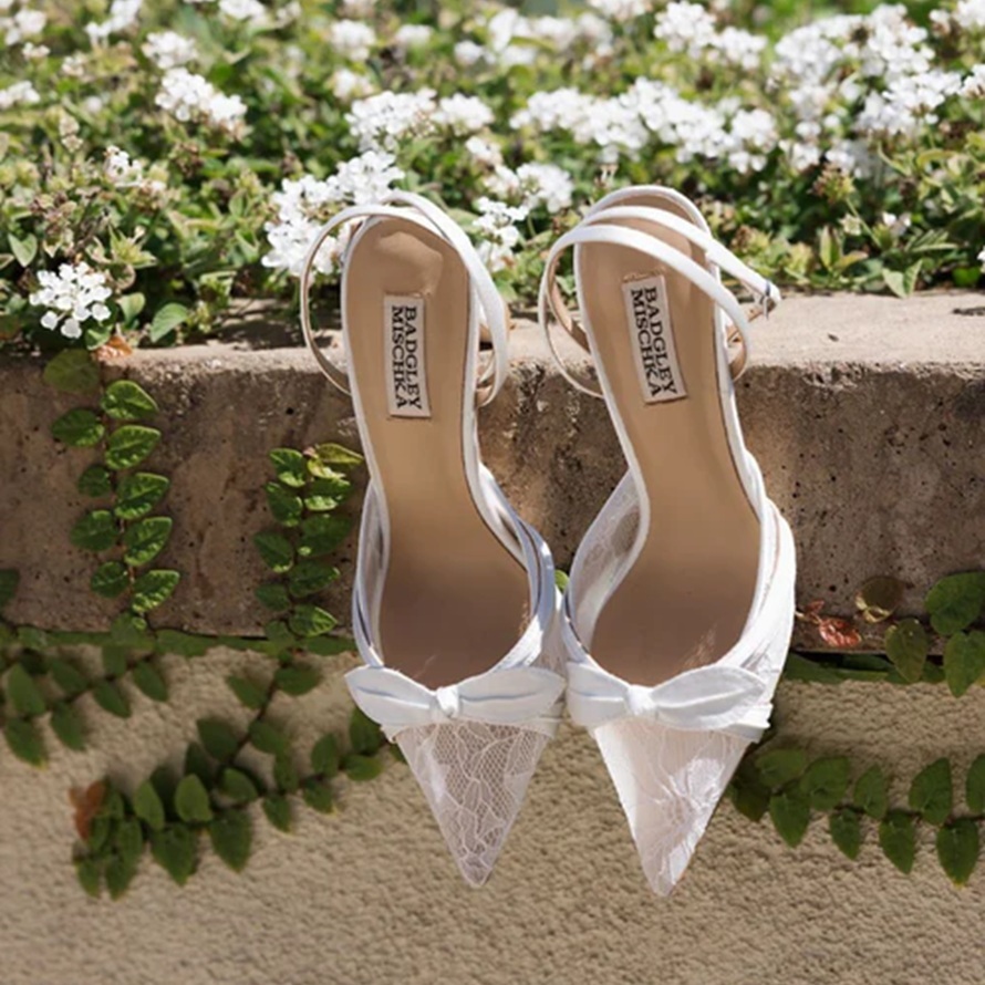 Josie - Pointed Toe Lace Ankle Strap Pumps - Soft White